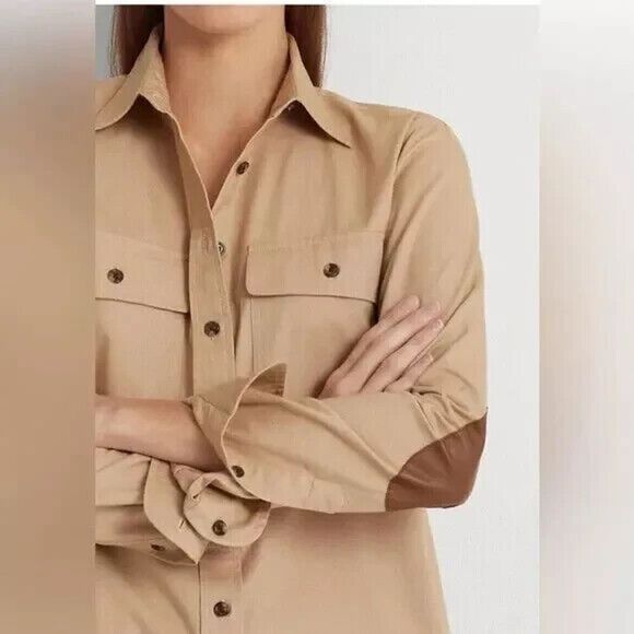Lauren Ralph Lauren Women Sz M Tan Leather Patch Featherweight Twill Shirt - Picture 11 of 12